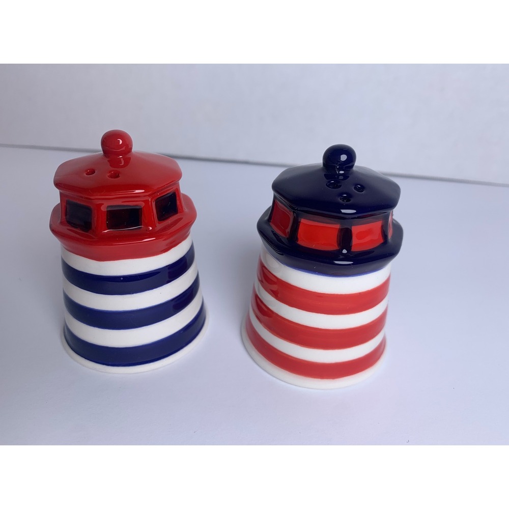 Nautical‎ Lighthouse Salt and Pepper Shaker Set Red White Blue Ceramic Coastal